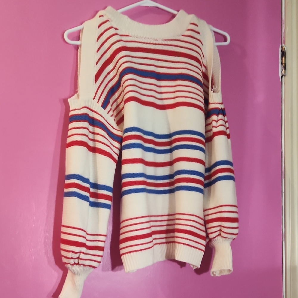 Striped Cold Shoulder Sweater - Red, Blue, and White